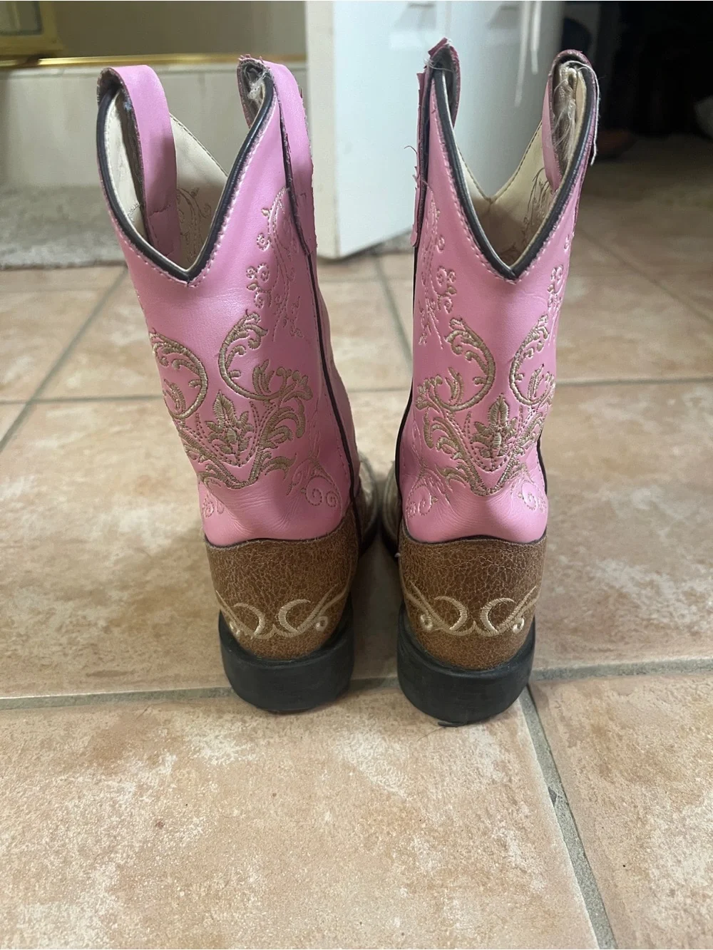 Old West Girls Kids 9.5 Tan Leather and Pink Western Cowboy Boots